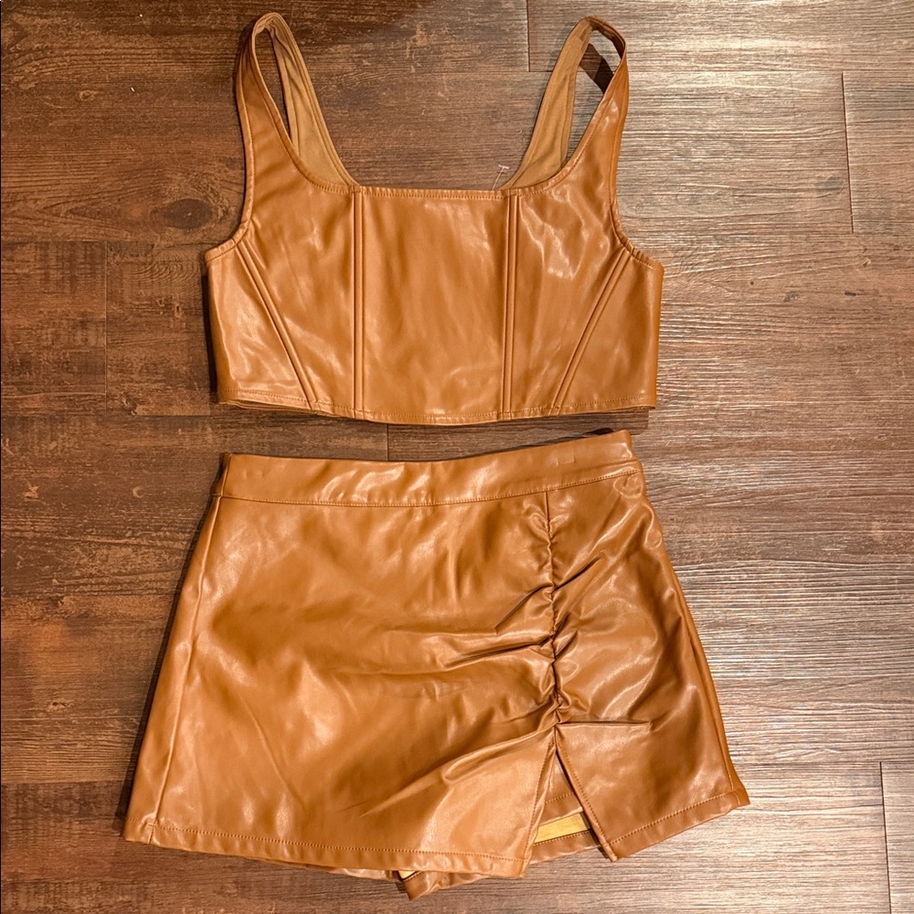 Brown Faux Leather Crop Top and Skort Set